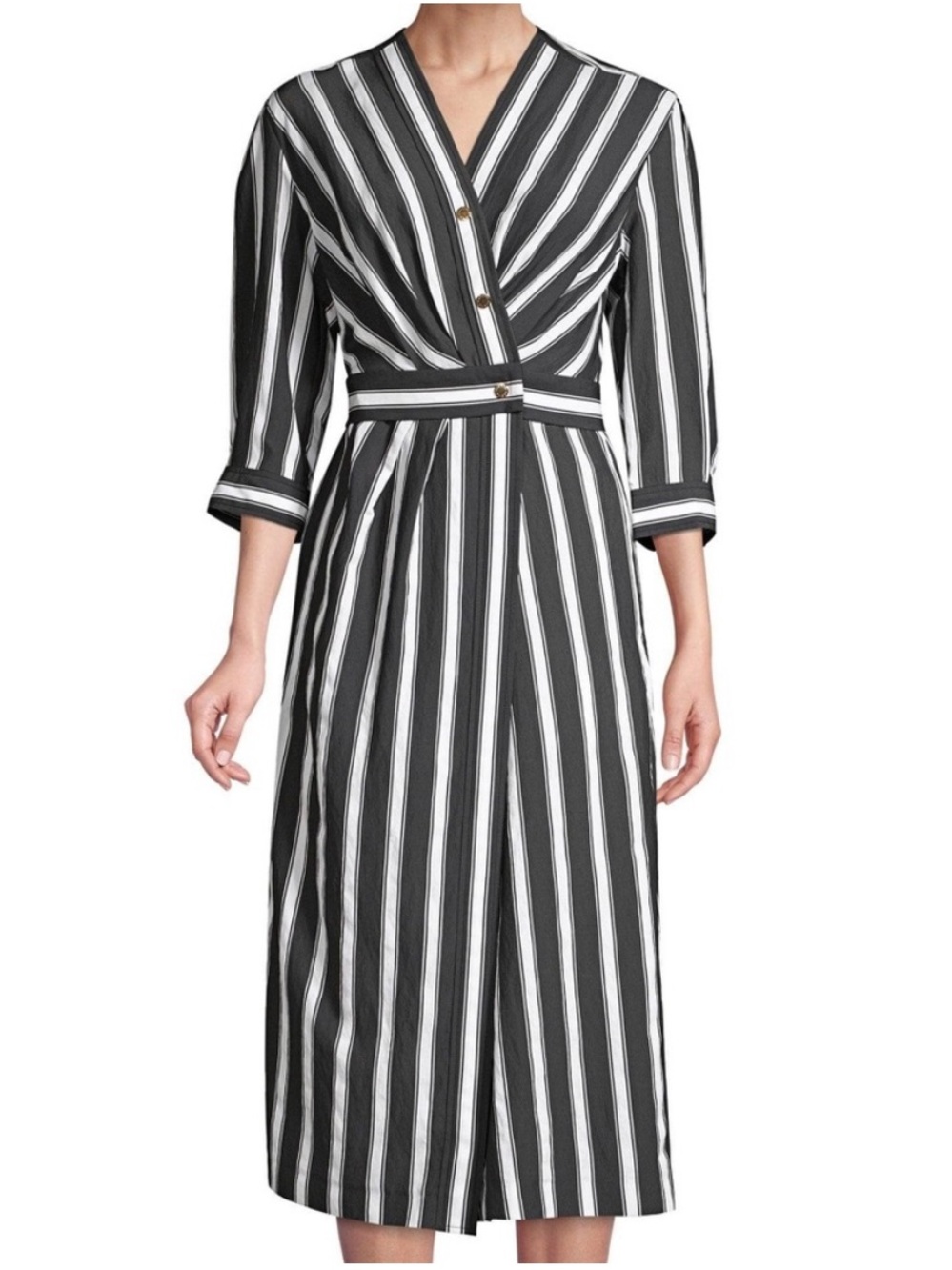 Sandro Black and White Vertical Stripe Wrap Midi Dress